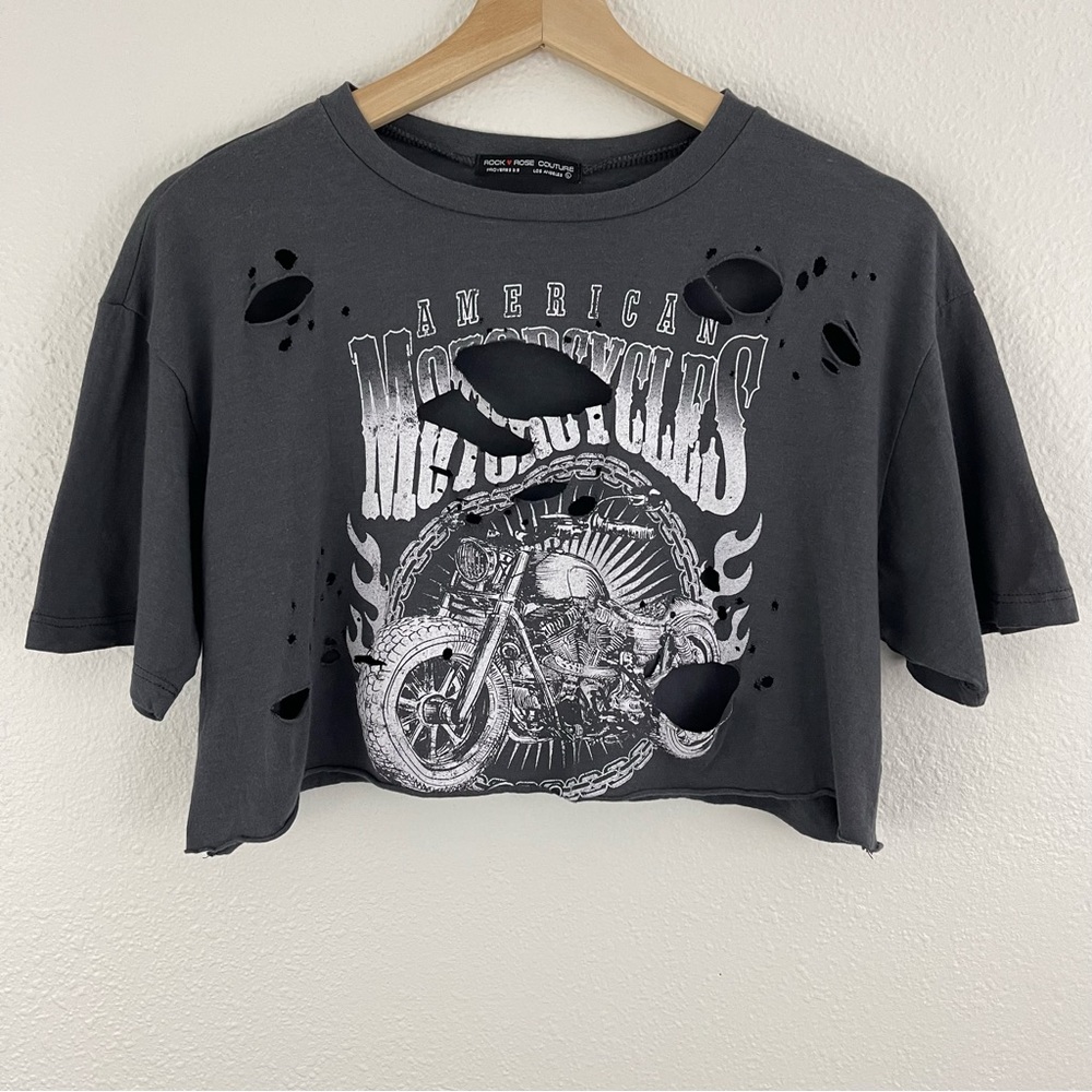 ROCK ROSE COUTURE Dark Grey American Motorcycles Distressed Cropped Graphic Tee
